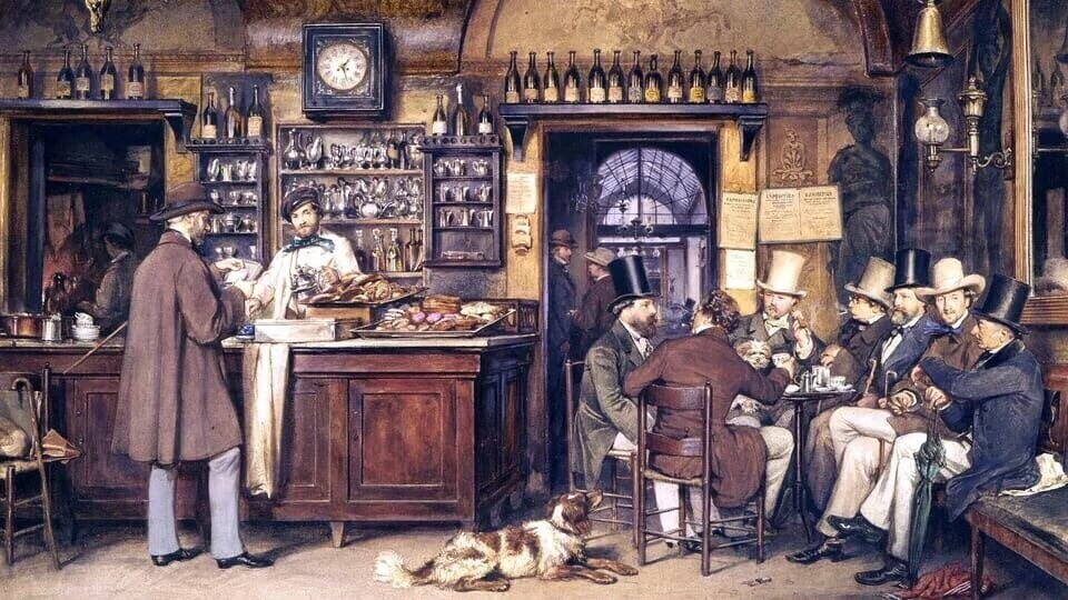Л.Пассини. Художники в старинном кафе Греко в Риме в 1856 году